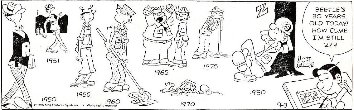 En dagsstripp från 3 september 1980, som visar hur seriefiguren Beetle Bailey utvecklats under 30 år