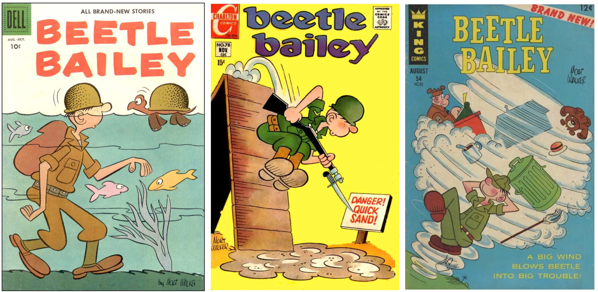 Olika omslag till serietidningen Beetle Bailey av Dell, Charlton resp. King