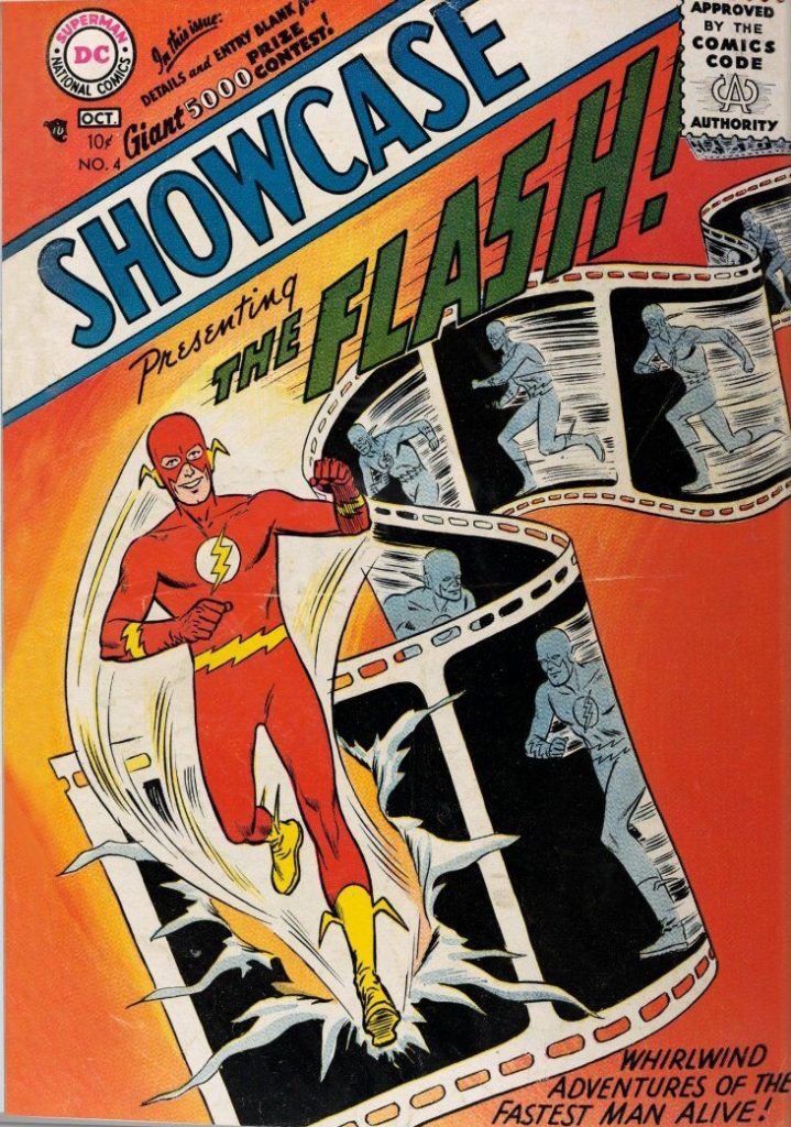 Serietidningen Showcase #4 från oktober-november 1956, med omslagsillustration av Carmine Infantino och Joe Kubert, innehöll Flash 