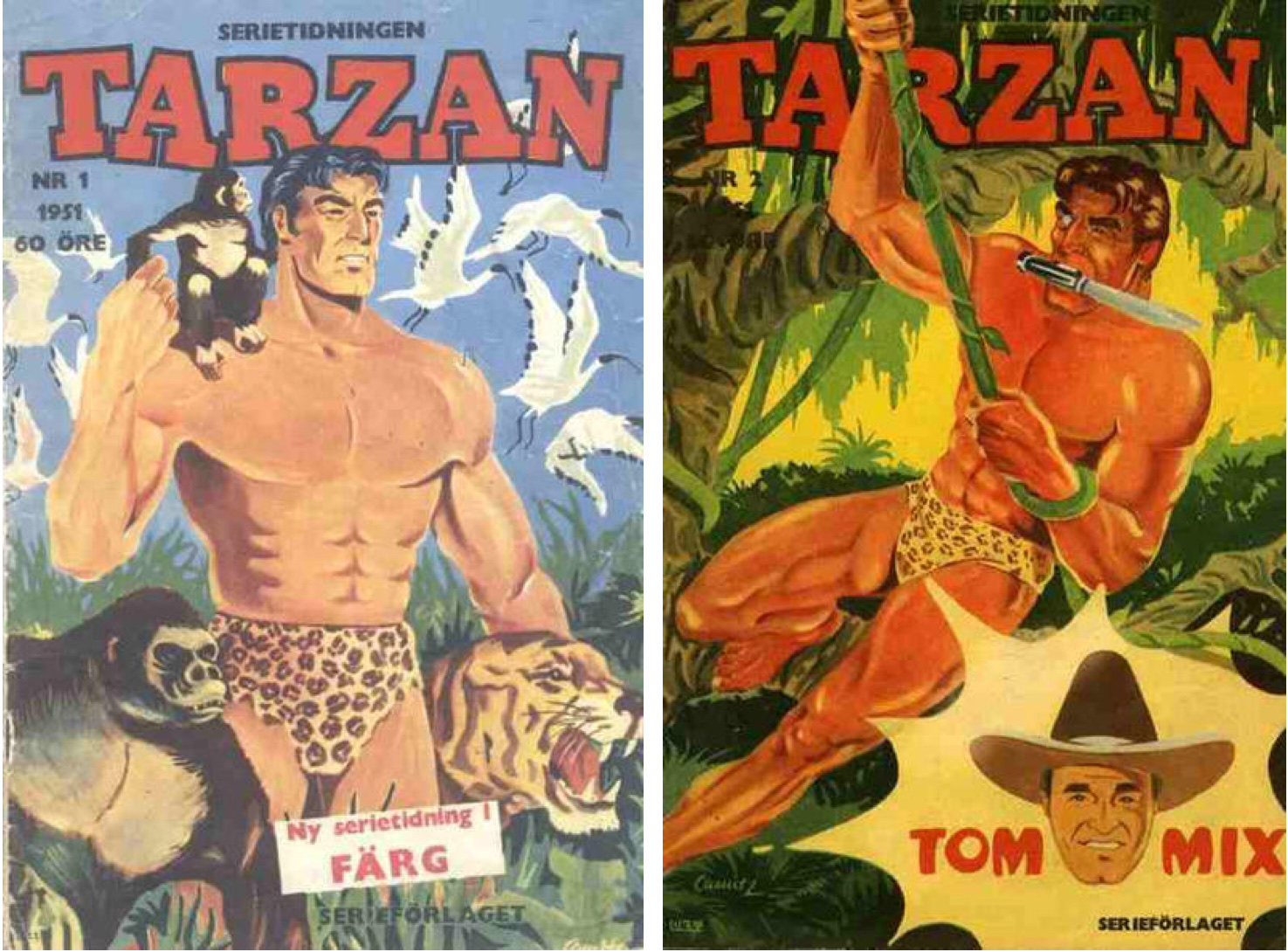 De första två numren av serietidningen Tarzan 1951.
