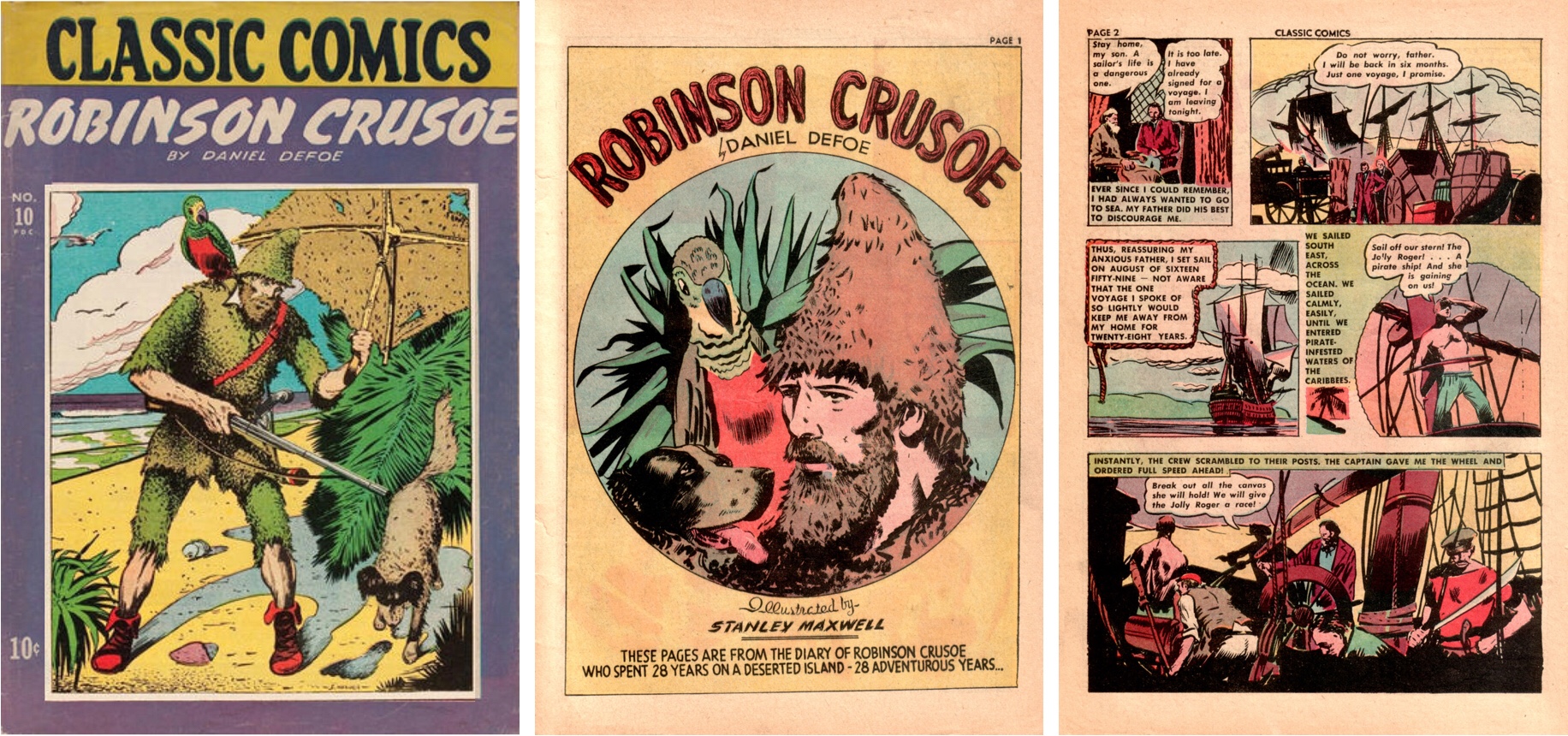 Omslag och inledande sidor av Robinson Crusoe, tecknad av Stanley Maxwell. ©Gilberton