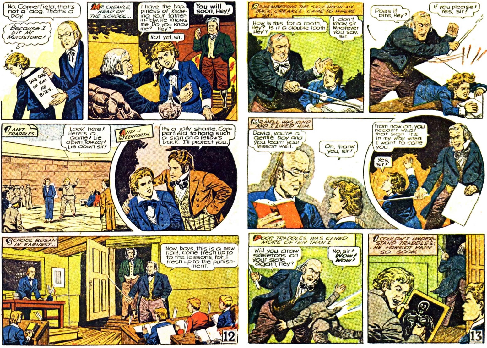 Sidan 12 och 13 ur tidningssida 3 resp. 4 ur den första bilagan med David Copperfield, från 25 maj 1947. ©Gilberton