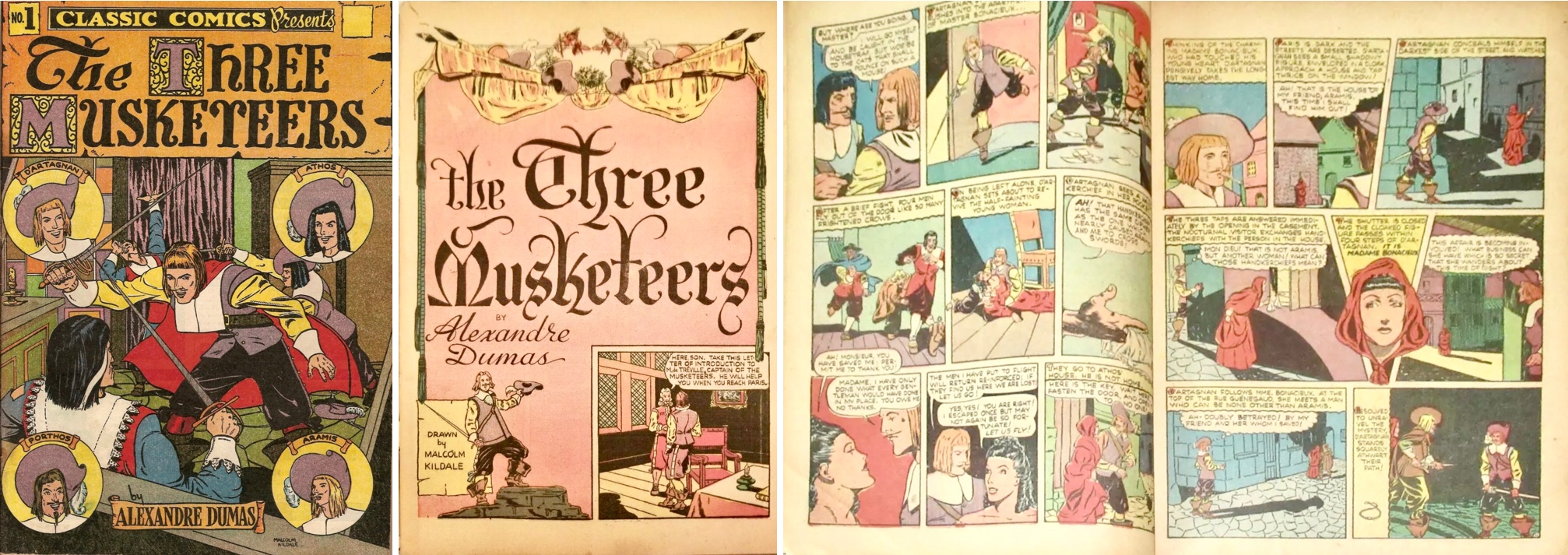 Classic Comics #1: Omslag, förstasida och ett uppslag. ©Elliot