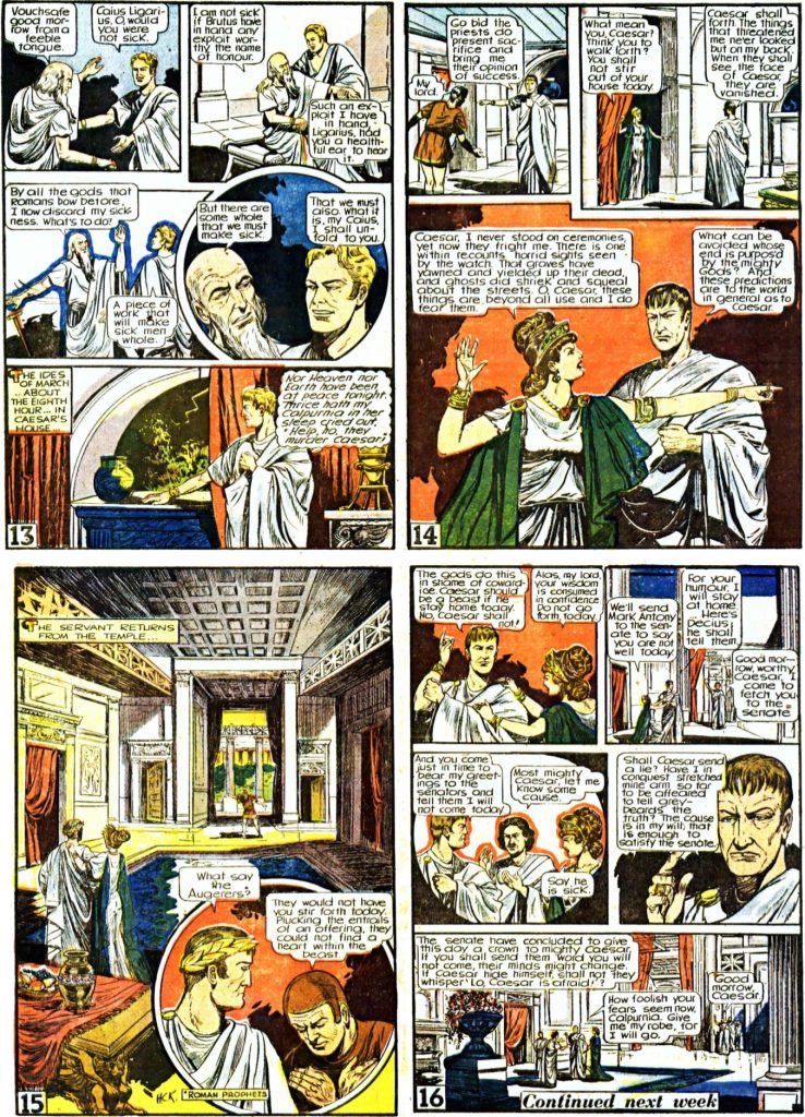 De avslutande fyra sidorna ur den första bilagan med Julius Caesar från 11 oktober 1947. Sidan 14 och 15 omarbetades till en sida vid tryckningen av serietidningen (ovan). ©Gilberton