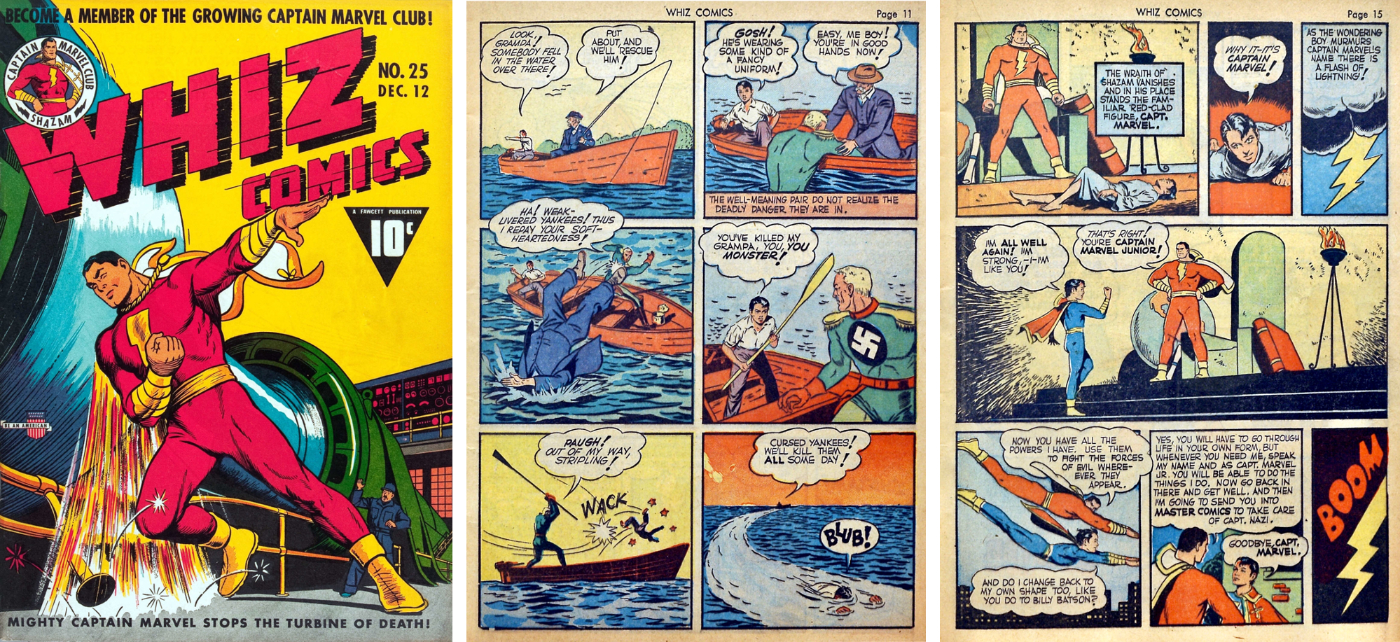 Omslag till Whiz Comics #25, och sidan där Freddy Freeman möter Captain Nazi, och sidan 