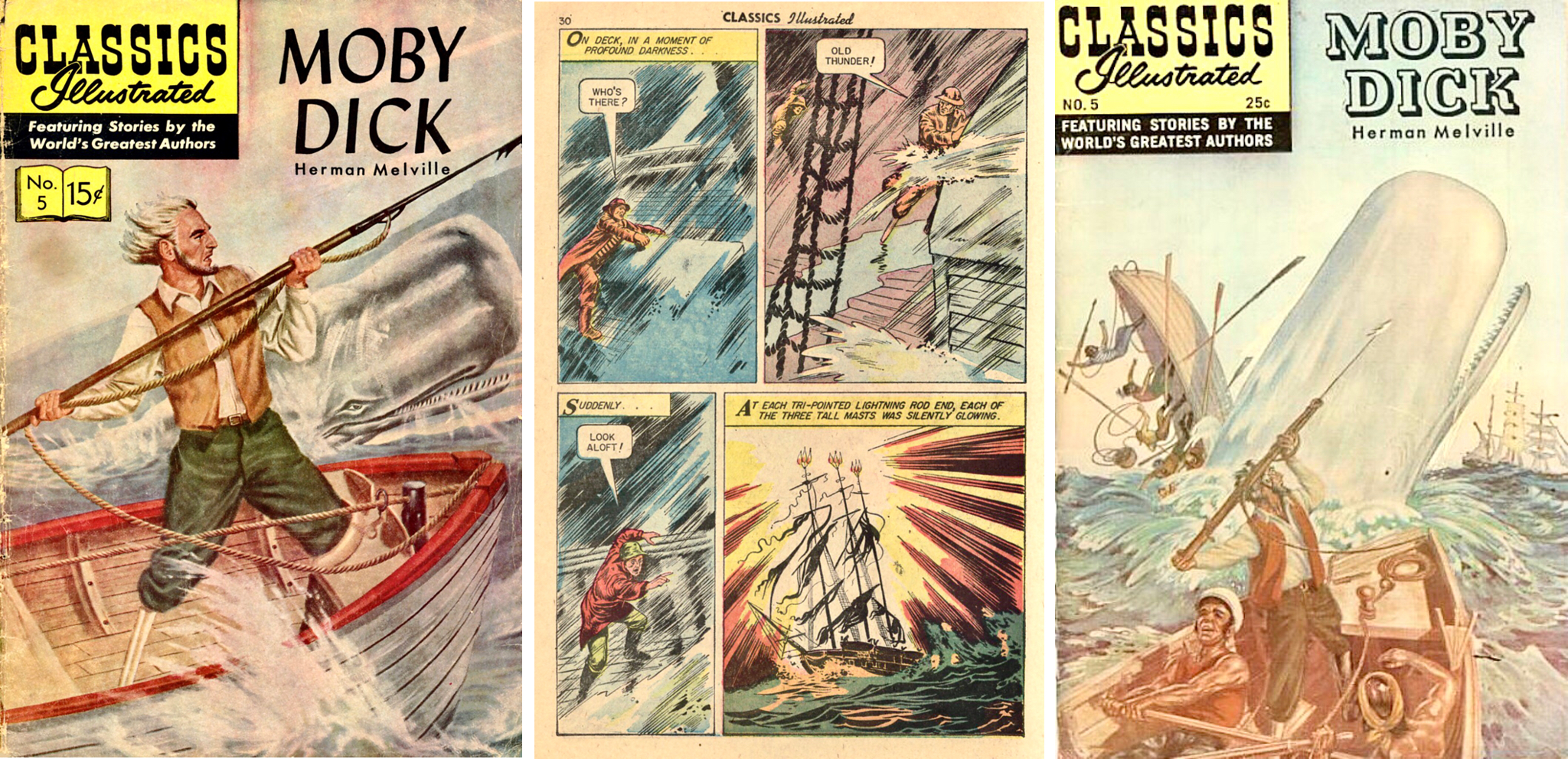 Omslag (1956), en sida ur inlagan, och nytt omslag (1969) till CI #5. ©Gilberton