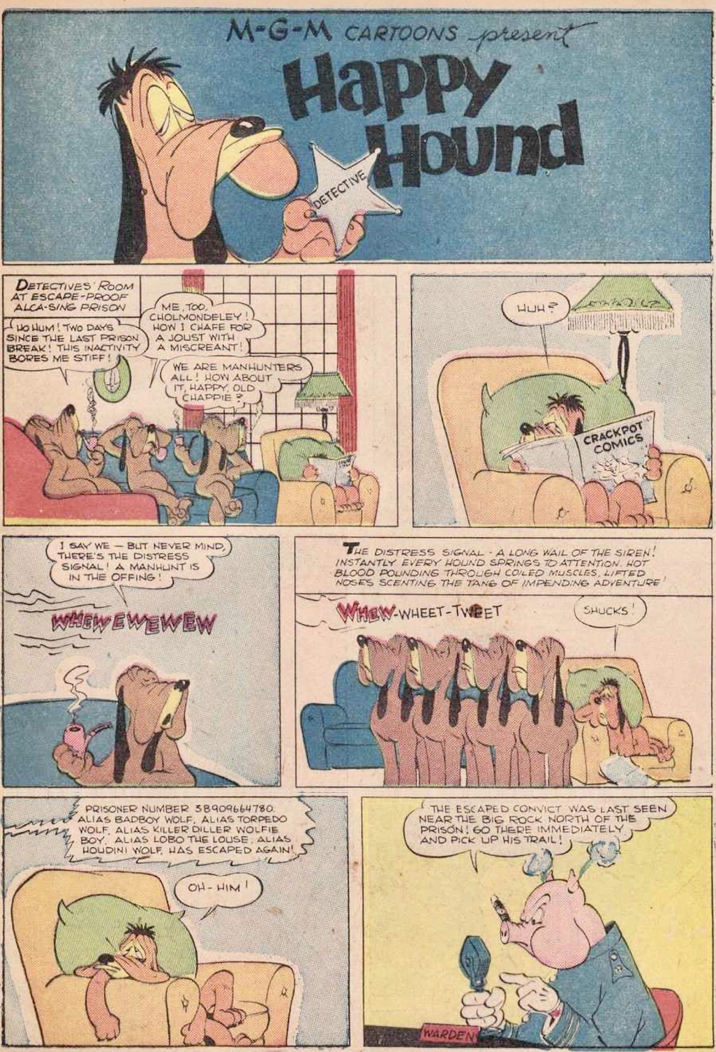 Första sidan med Happy Hound Detective ur Our Gang Comics #11 (1944). ©Dell