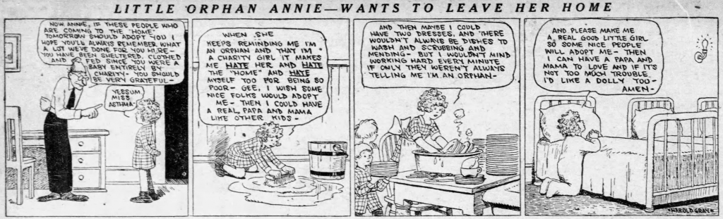 Den första dagsstrippen med Annie, publicerad 5 augusti 1924.