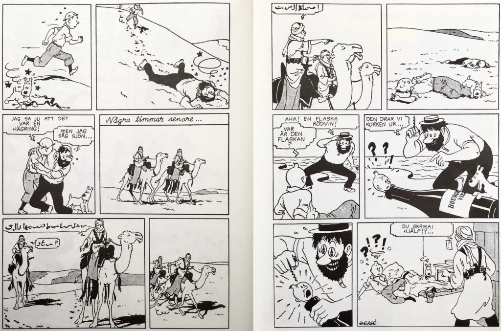 Ett uppslag med Tintin ur Comics, den nya stora serieboken (1993). ©PIB