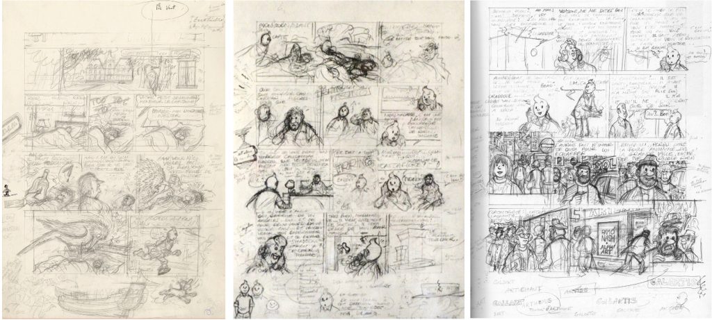 Skisser av Hergé till tre inledande sidor. ©Hergé-Moulinsart