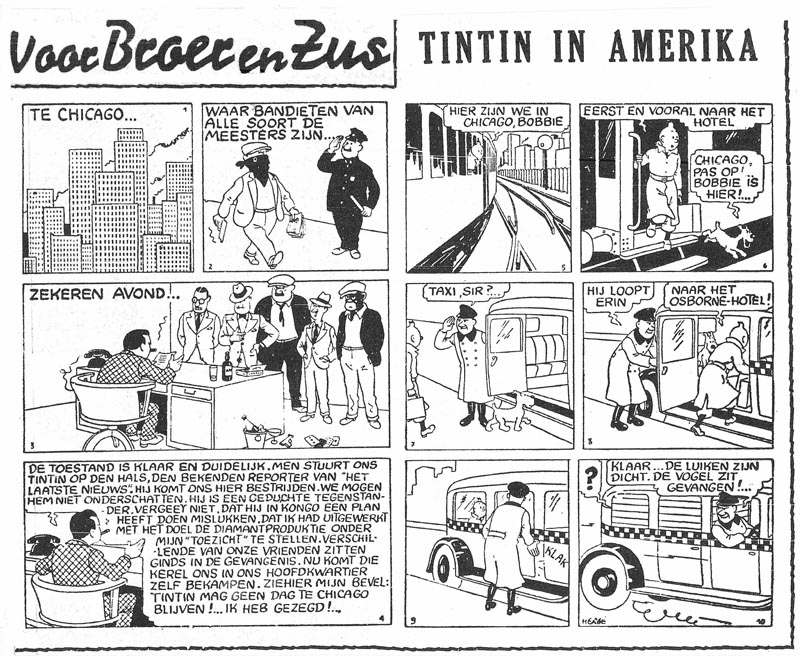 Första uppslaget med Tintin in Amerika, ur Het Laatste Nieuws från 23 oktober 1941. ©Hergé-Moulinsart
