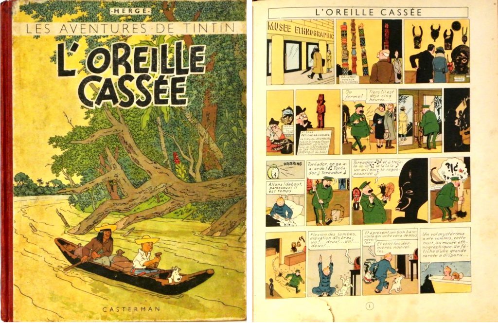 Omslag och inledande sida ur L'Oreille Cassée (1943). ©Casterman/Hergé-Moulinsart