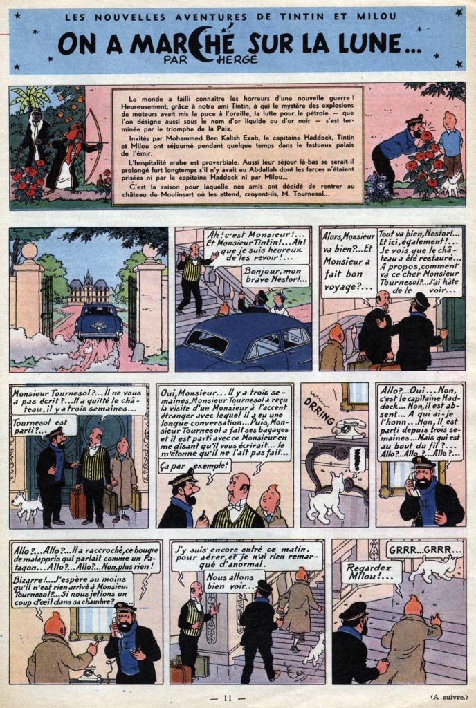 Den inledande sidan ur Le Journal de Tintin från 30 mars 1950, som börjar med en resumé av Det svarta guldet som närmast föregick publiceringen. ©Hergé-Moulinsart