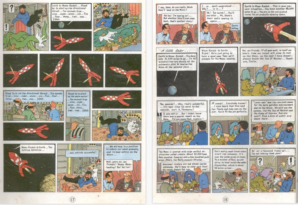 Motsvarande del av episoden som sidorna 17-18 i del 2, med en sida ur originalet borttagen. ©Hergé-Moulinsart