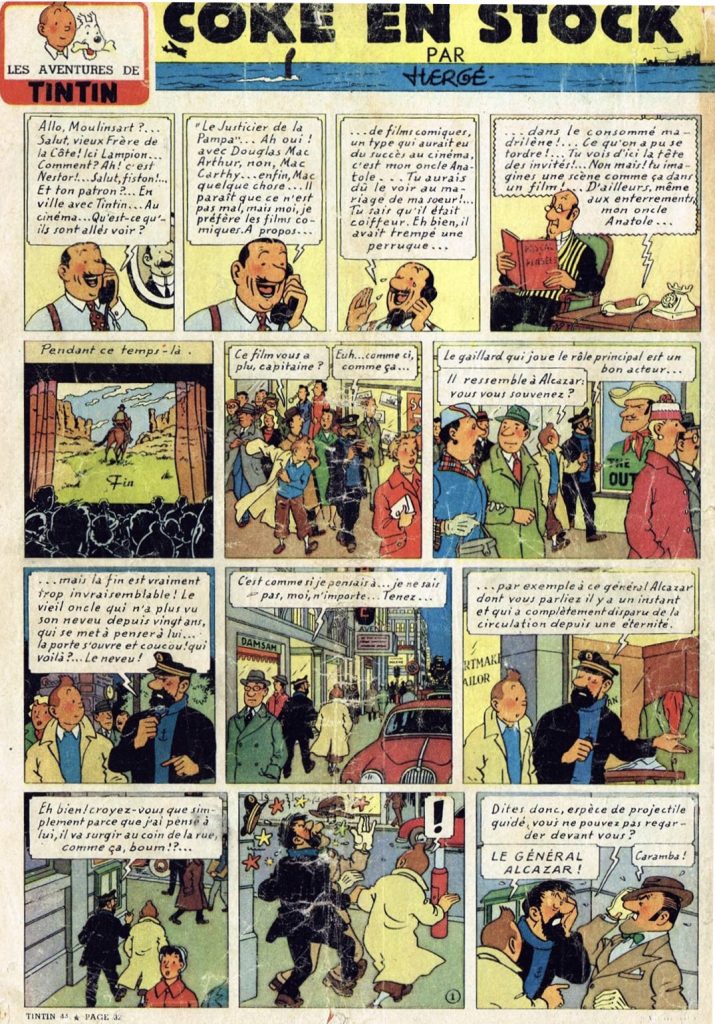 Första sidan med Coke en stock i Le Journal de Tintin (1956). ©Hergé-Moulinsart