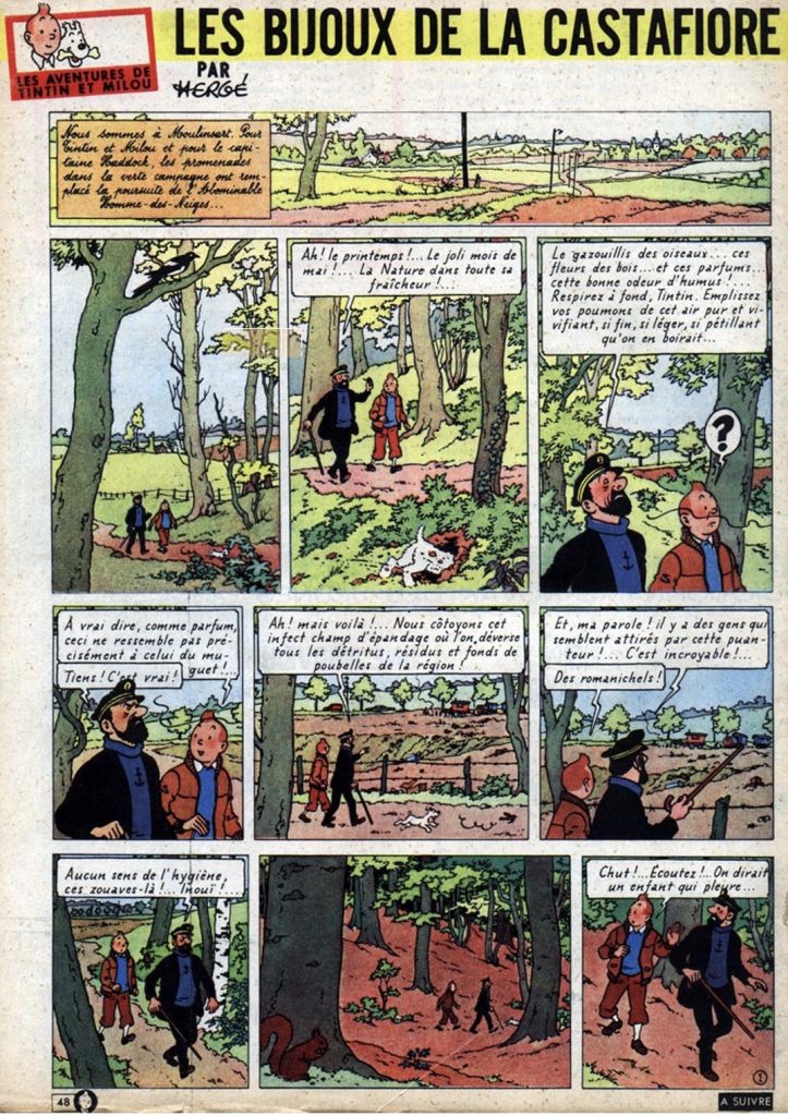 Den inledande sidan av Les Bijoux de la Castafiore ur Le Journal de Tintin från 4 juli 1961. ©Hergé-Moulinsart