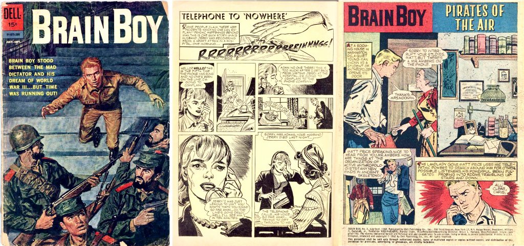 Omslag och första uppslag ur Brain Boy #2, med Frank Springer som tecknare av inlagan (Vic Prezio gjorde omslaget). ©Dell
