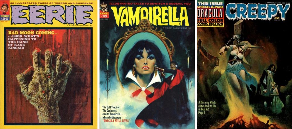 Omslag till Eerie #36 (1971), Vampirella #18 (1972) och Creepy #51 (1973), som alla innehåller serier av Maroto. ©Warren