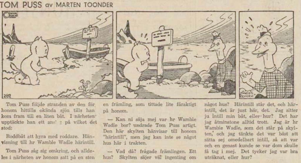 Dagsstripp nr 282, från det 11:e äventyret, där Wally Waggle förekommer för första gången. Strippen var publicerad på svenska i DN 29 april 1946. ©STA