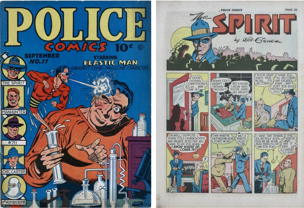 Omslag till Police Comics #11 (sept. 1942) och inledande sida premiärepisoden med The Spirit från 2 juni 1940. ©Quality/Register&Tribune