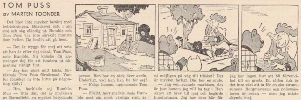 Dagsstripp nr 46, från det 25:e äventyret, där markisen förekommer för första gången. Strippen var publicerad på svenska i DN 16 februari 1948. ©STA