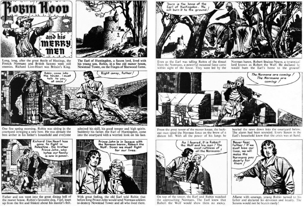 Ett par sidor med Robin Hood av Clifford Makins (manus) och Frank Bellamy (1956). ©Hulton Press