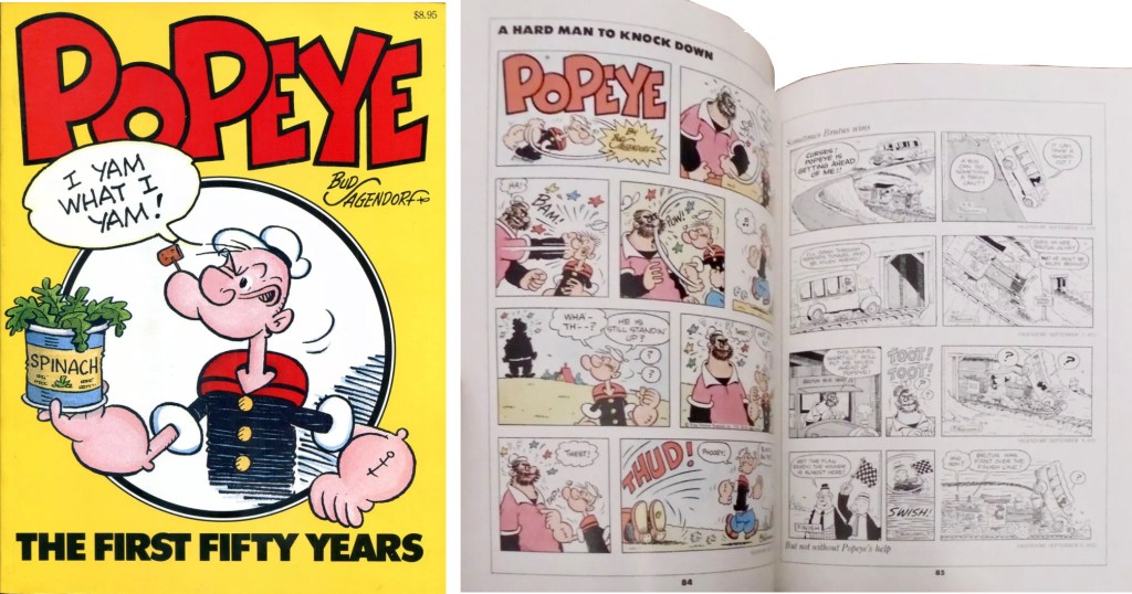 Omslag och ett uppslag ur Popeye: The First Fifty Years (1979). ©Workman 
