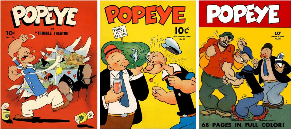 Omslag till Large Feature Comic #24 (1941), #10 (1943) och Four Color Comic #25 (1942). ©Dell