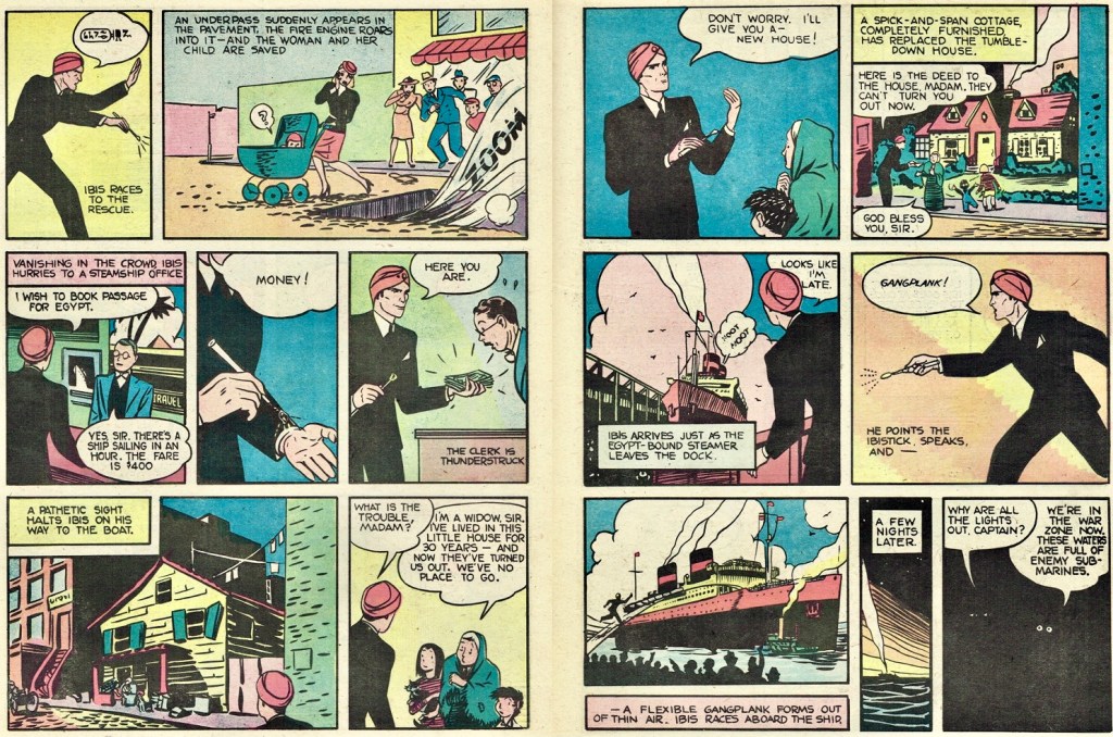 Ett uppslag ur den första episoden med Ibis the Invincible ur Whiz Comics #2 (1940). ©Fawcett