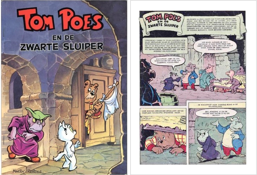 Omslag och en sida ur inlagan i original ur den 64:a episoden Tom Poes en de zwarte sluiper, från 1958, ur en utgåva från 1982. ©STA