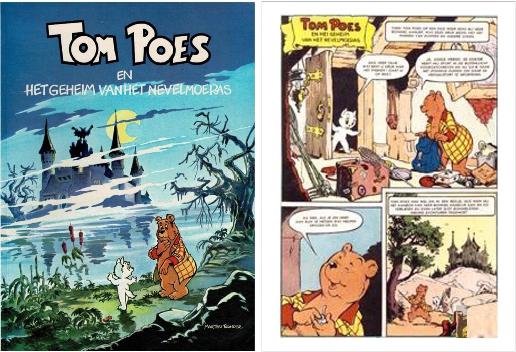 Omslag och en sida ur inledningen i original ur den 55:e episoden Tom Poes en het geheim van het Nevelmoeras, från en utgåva från 1957. ©STA