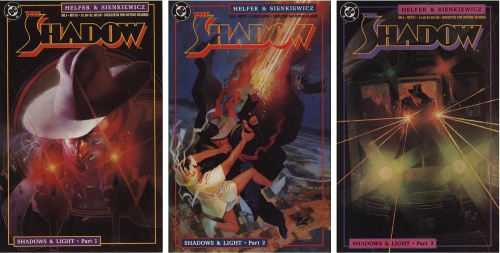 Omslag till tre första numren av The Shadow (Gäckande Skuggan), som utkom som magasin med 19 nummer (1987-89). ©DC