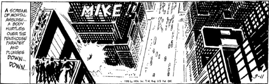 En dagsstripp med utropet MIKE!!, och med trafik nedanför som kan läsas som morsekod för "RIP RM", från 11 mars 1970. ©NEA