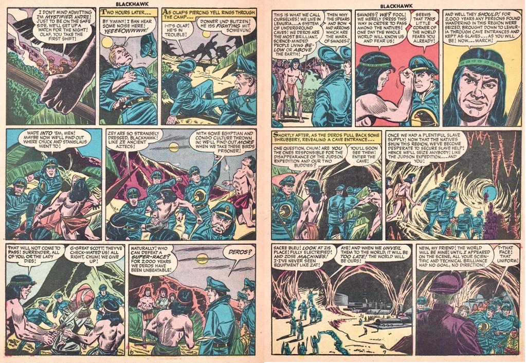 Motsvarande uppslag ur episoden The Super Race från Blackhawk #103 (1956). ©Quality/Comic Favorites