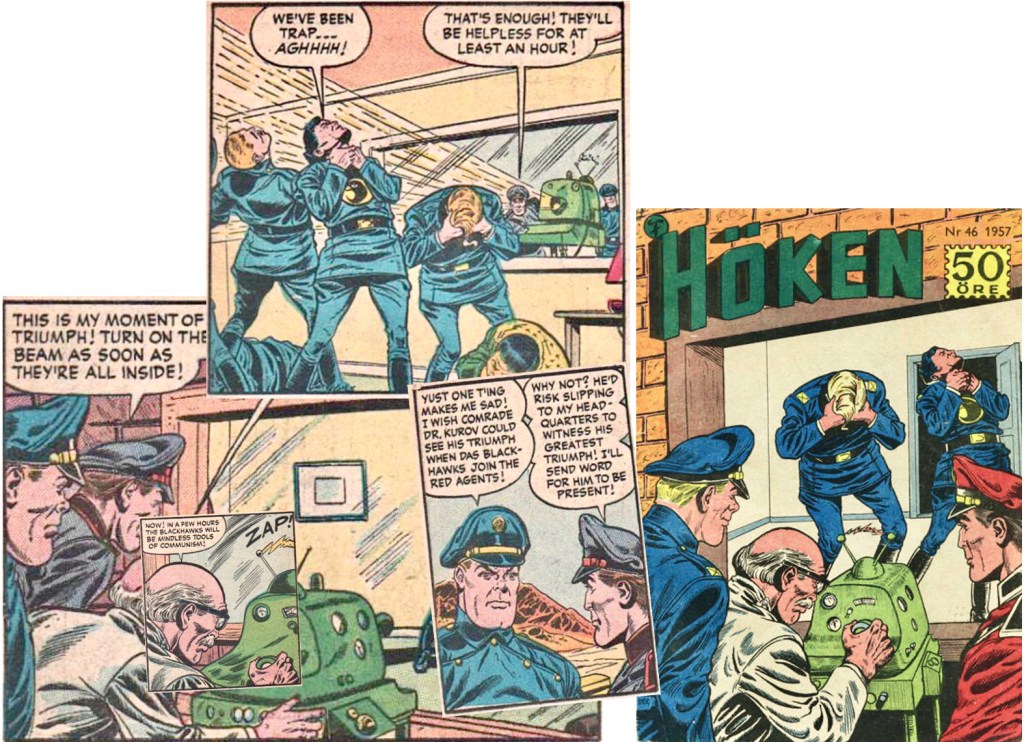 Omslaget till Höken nr 46/57 baserar sig på ett collage av olika serierutor från åttonde och nionde sidan i episoden. ©Formatic/Quality/Comic Favorites
