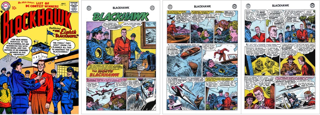 Omslag till Blackhawk #112 (1957) och inledande sidor ur episoden The Eighth Blackhawk. ©DC/National