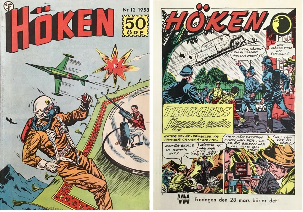 Omslag till Höken nr 12, 1958 och inledande sida ur Höken-serien. ©Formatic/EuropaPress