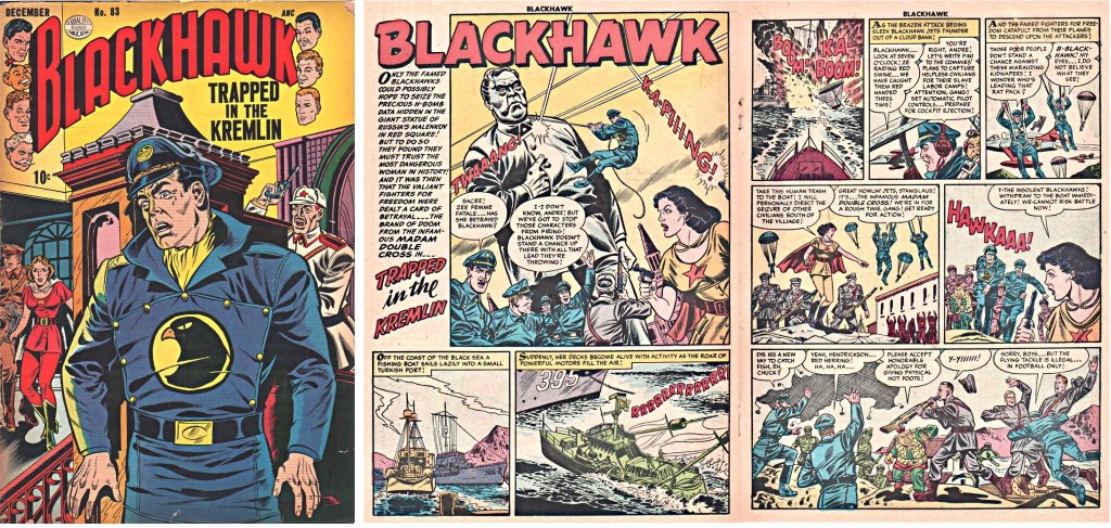 Omslag till Blackhawk #83 och inledande uppslag ur episoden Trapped in the Kremlin. ©Quality/Comic Favorites