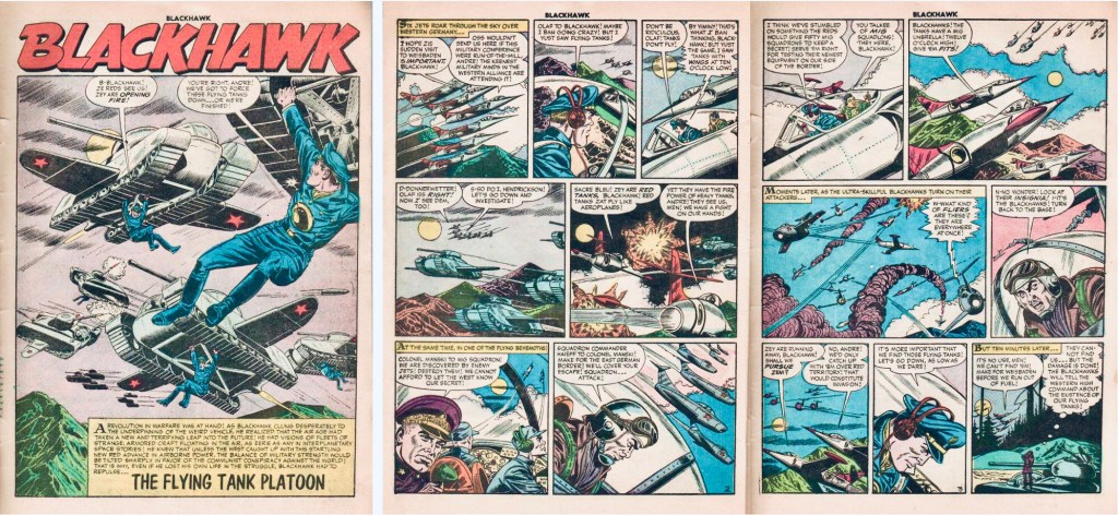 Inledande sidor med episoden The Flying Tank Platoon ur Blackhawk #106 (1956). ©Quality/Comic Favorites