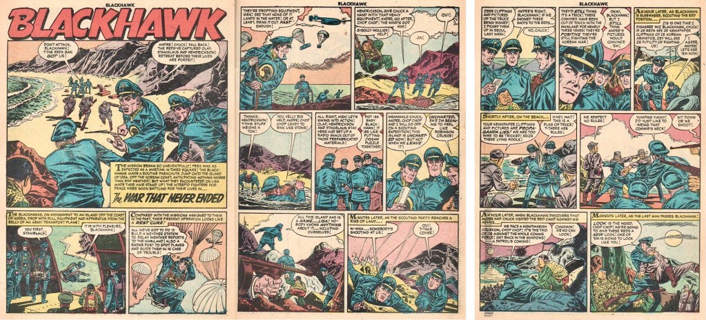 Inledande uppslag och femte sidan, med bilden som blev omslag till Höken-numret, ur episoden The War That Never Ended ur Blackhawk #99 (1956). ©Quality/Comic Favorites