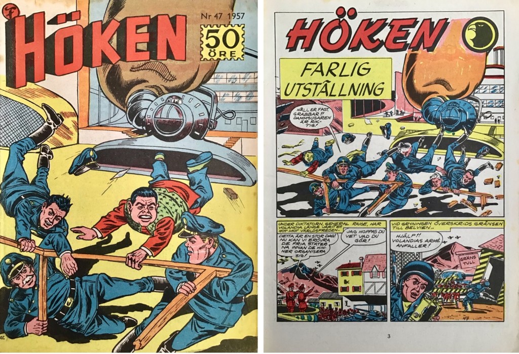 Omslag till Höken nr 47, 1957 och inledande sida ur Höken-serien. ©Formatic/EuropaPress