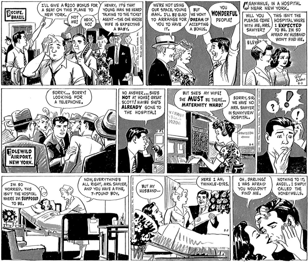 Motsvarande strippar i original ur episoden Christy’s Baby, från 3-5 augusti 1953, inklusive en dagsstripp som saknades i Buzz Cooper.  ©KFS