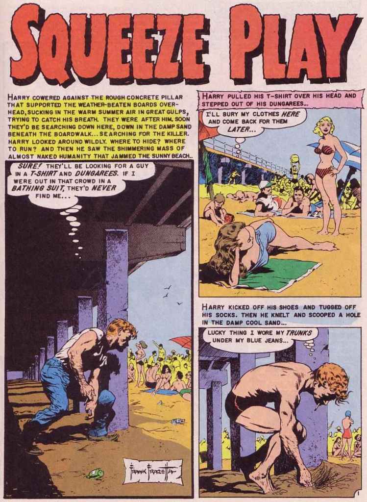 Squeeze play. Frazettas enda egna serie åt EC, ur Shock SuspenStories #13 (mars 1954). ©EC Comics