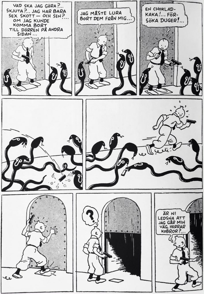 En sida från Tintin-episoden, ur Comics - serierna 100 år. ©Foundation Hergé/Hergé-Moulinsart