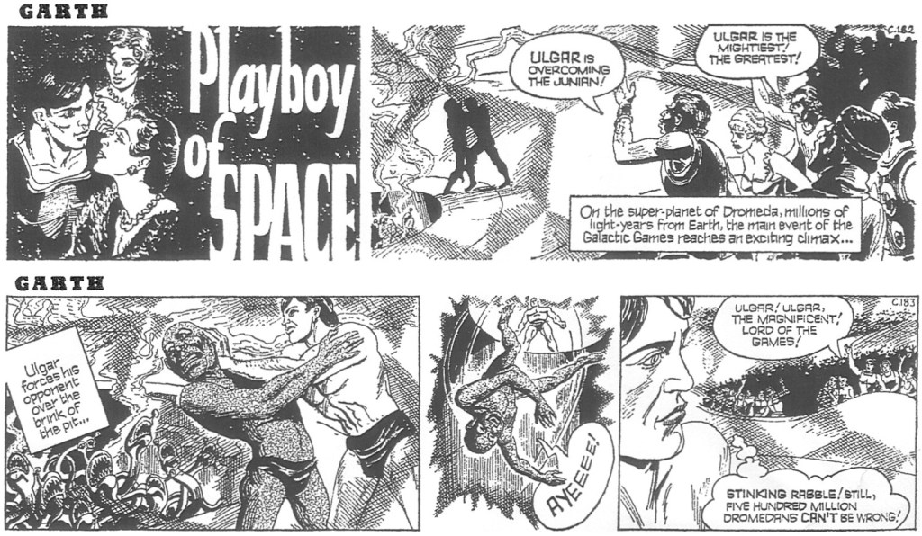 Två dagsstrippar ur inledningen av den den 61:a episoden med Garth, av Jim Edgar (manus) och John Allard (teckningar), stripparna C182 och C183, från 2 och 3 augusti 1969. ©Daily Mirror