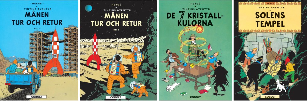 Fyra album med Tintin (2020) tidigare utgivna av Kartago. ©Cobolt