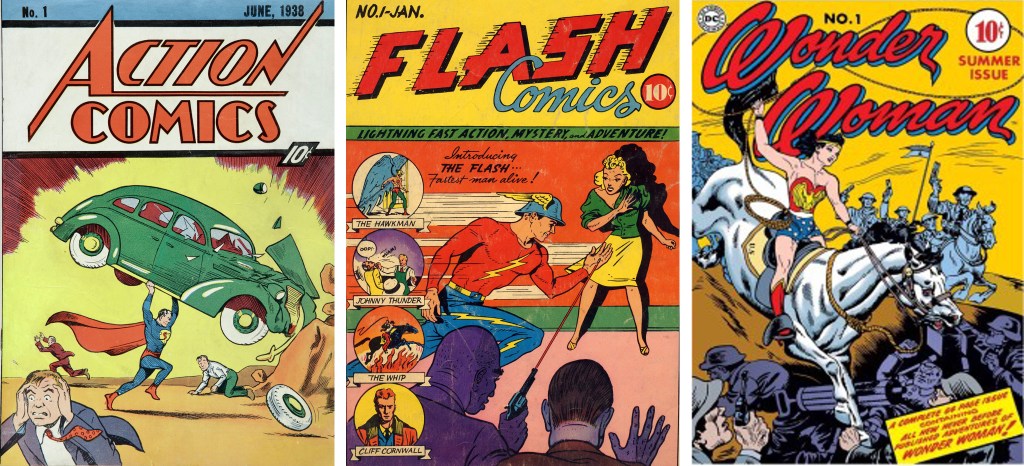 Action Comics med Superman, Flash Comics med The Flash och första numret av Wonder Woman. ©DC Comics
