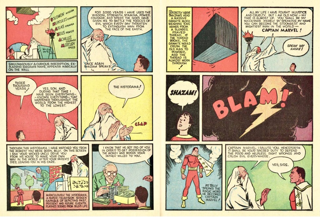 Ett till uppslag med Captain Marvel ur Whiz Comics #2 (1940). ©Fawcett