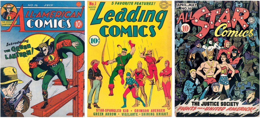 Green Lantern hade premiär i All-American Comics #16 (1940), Green Arrow var en del av innehållet i Leading Comics #1 (1941), och The Atom ingick i The Justice Society of America i All Star Comics #16. ©DC/National