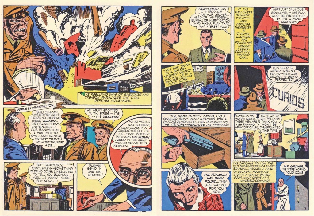 Inledande uppslag ur Captain America Comics #1 (1941). ©Timely